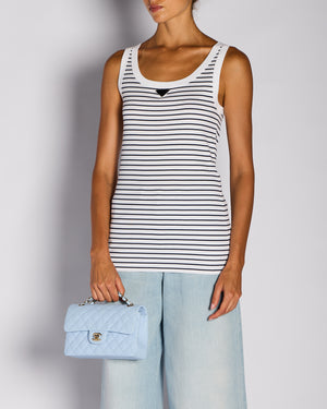Prada White & Navy Striped Vest Top with Logo Plaque Detail Size IT 40 (UK 8)