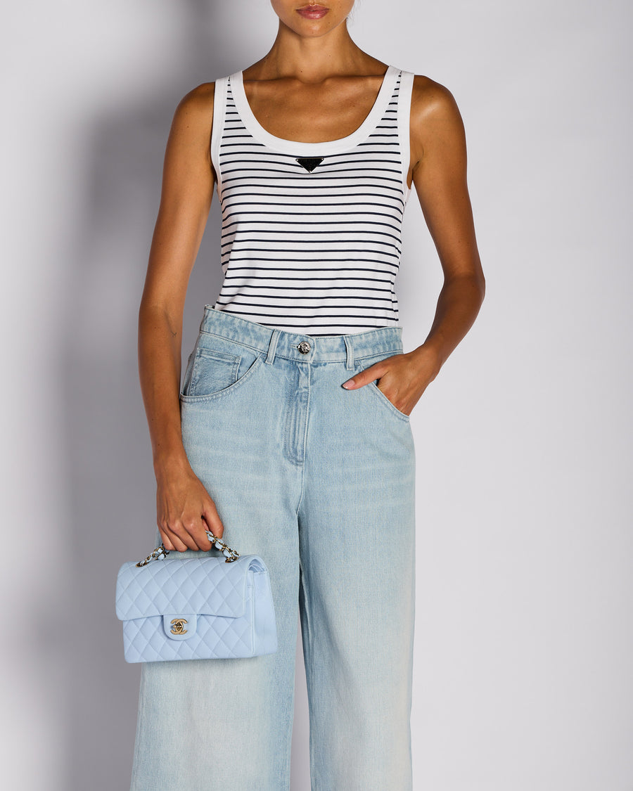 Prada White & Navy Striped Vest Top with Logo Plaque Detail Size IT 40 (UK 8)