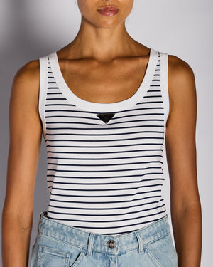 Prada White & Navy Striped Vest Top with Logo Plaque Detail Size IT 40 (UK 8)
