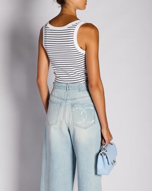 Prada White & Navy Striped Vest Top with Logo Plaque Detail Size IT 40 (UK 8)