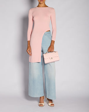 Chanel Resort 2016 Paris/Seoul Pink Long-Sleeved Asymmetric Top with Gold CC Logo Button Detail Size FR 36 (UK 8)