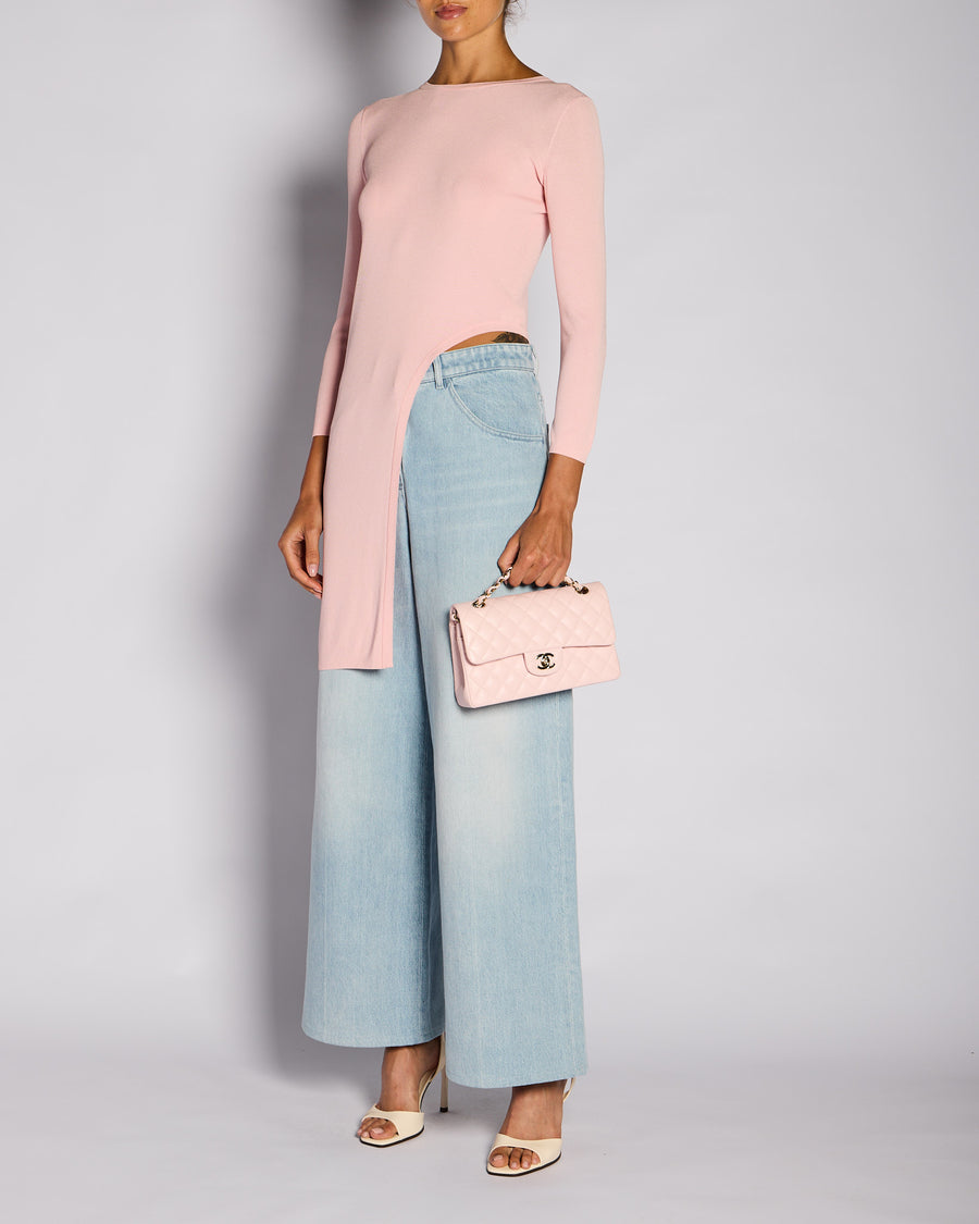Chanel Resort 2016 Paris/Seoul Pink Long-Sleeved Asymmetric Top with Gold CC Logo Button Detail Size FR 36 (UK 8)