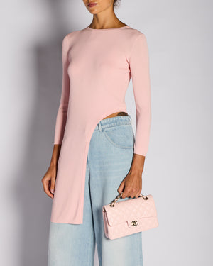 Chanel Resort 2016 Paris/Seoul Pink Long-Sleeved Asymmetric Top with Gold CC Logo Button Detail Size FR 36 (UK 8)