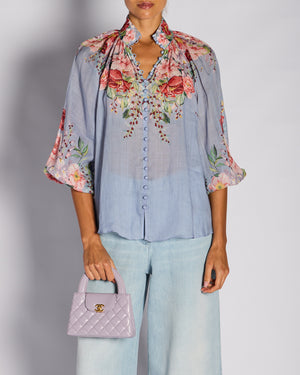 Zimmermann Blue Floral Button Down Blouse Size 1 (UK 8)