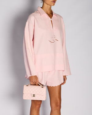Victoria Beckham SS24 Pastel Pink Linen Embroidered Shirt with Matching Scalloped Edge Detail Size FR 36 (UK 8)