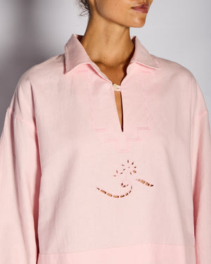 Victoria Beckham SS24 Pastel Pink Linen Embroidered Shirt with Matching Scalloped Edge Detail Size FR 36 (UK 8)