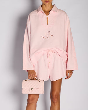 Victoria Beckham SS24 Pastel Pink Linen Embroidered Shirt with Matching Scalloped Edge Detail Size FR 36 (UK 8)