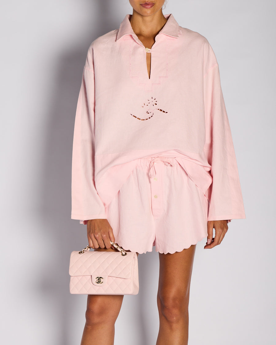 Victoria Beckham SS24 Pastel Pink Linen Embroidered Shirt with Matching Scalloped Edge Detail Size FR 36 (UK 8)
