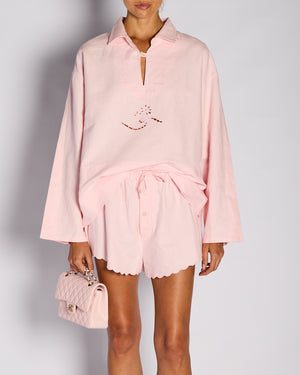 Victoria Beckham SS24 Pastel Pink Linen Embroidered Shirt with Matching Scalloped Edge Detail Size FR 36 (UK 8)