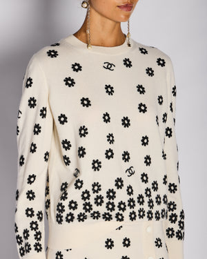Chanel Cream Floral Button Down Jumper with CC Logo Detail Size FR 42 (UK 14)