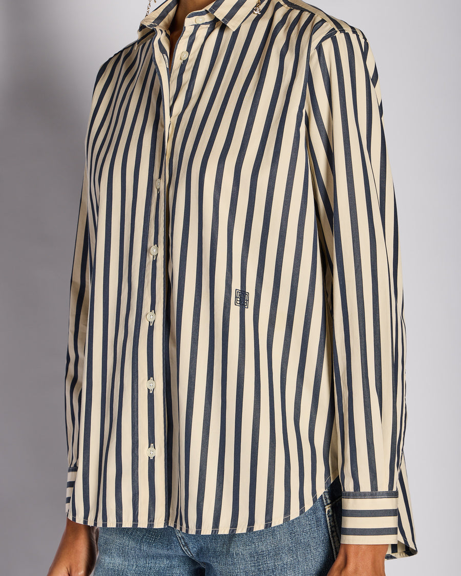 Toteme Navy and Ivory Striped Logo Shirt Size S (UK 8)