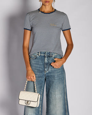 Celine Blue Striped Logo T-Shirt Size M (UK 10)