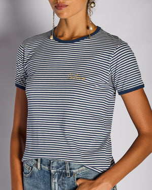 Celine Blue Striped Logo T-Shirt Size M (UK 10)
