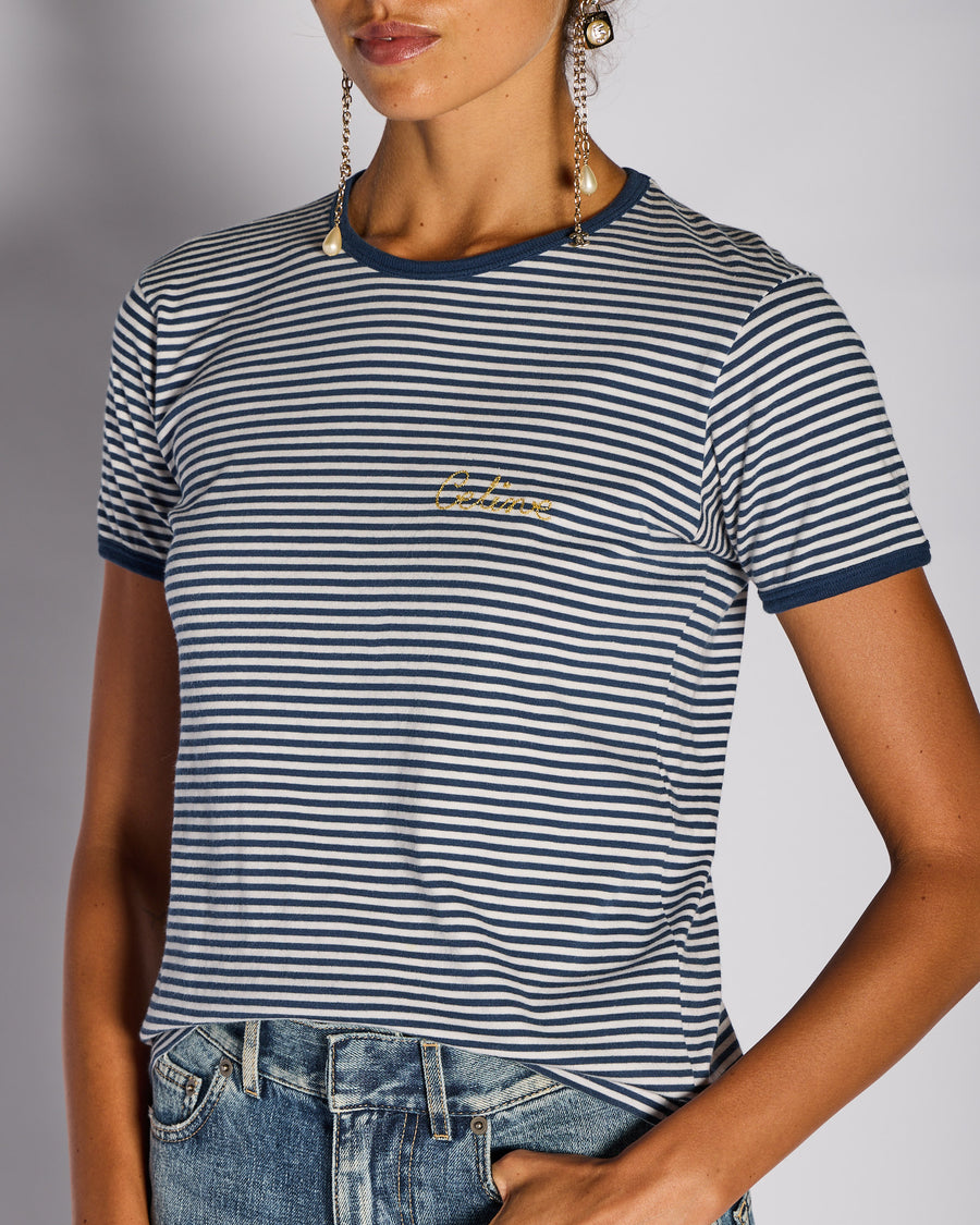 Celine Blue Striped Logo T-Shirt Size M (UK 10)