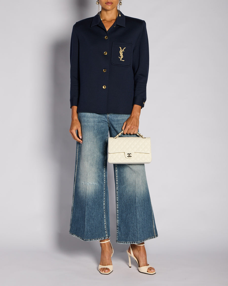 Saint Laurent Navy Button Down YSL Shirt with Gold Button and Shoulder Pad Detail Size FR 38 (UK 10)