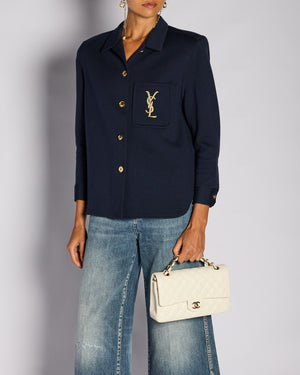Saint Laurent Navy Button Down YSL Shirt with Gold Button and Shoulder Pad Detail Size FR 38 (UK 10)