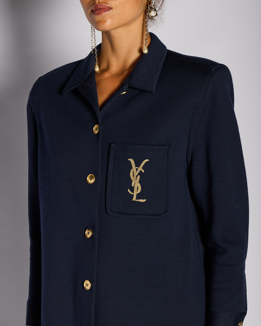 Saint Laurent Navy Button Down YSL Shirt with Gold Button and Shoulder Pad Detail Size FR 38 (UK 10)