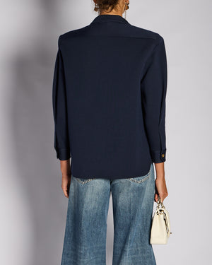 Saint Laurent Navy Button Down YSL Shirt with Gold Button and Shoulder Pad Detail Size FR 38 (UK 10)