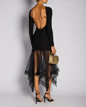 Alexander McQueen Black Backless Ribbed Long Sleeve Dress with Tulle Detail Size XS (UK 6)