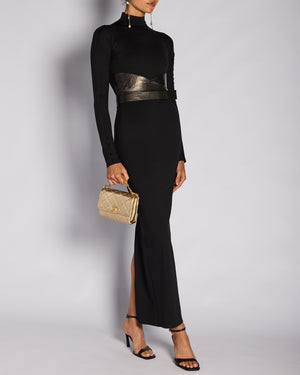 Alaïa Black Long Sleeve High-Neck Maxi Dress with Leather Belt Wrap Detail Size FR 38 (UK 10)