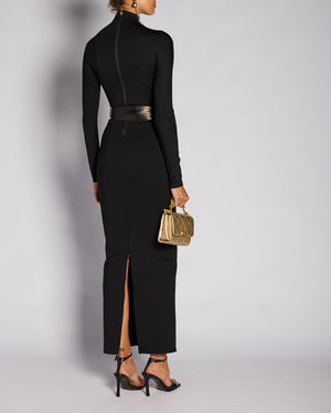 Alaïa Black Long Sleeve High-Neck Maxi Dress with Leather Belt Wrap Detail Size FR 38 (UK 10)