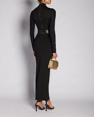 Alaïa Black Long Sleeve High-Neck Maxi Dress with Leather Belt Wrap Detail Size FR 38 (UK 10)