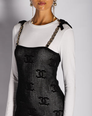 Chanel 22/C Black Knitted Midi Dress with Long Sleeve White Underlay Size S (UK 8)
