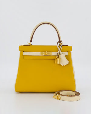 *RARE* Hermès HSS Kelly 25 Retourne Bag in Nata and Jaune Ambre Swift Leather with Gold Hardware