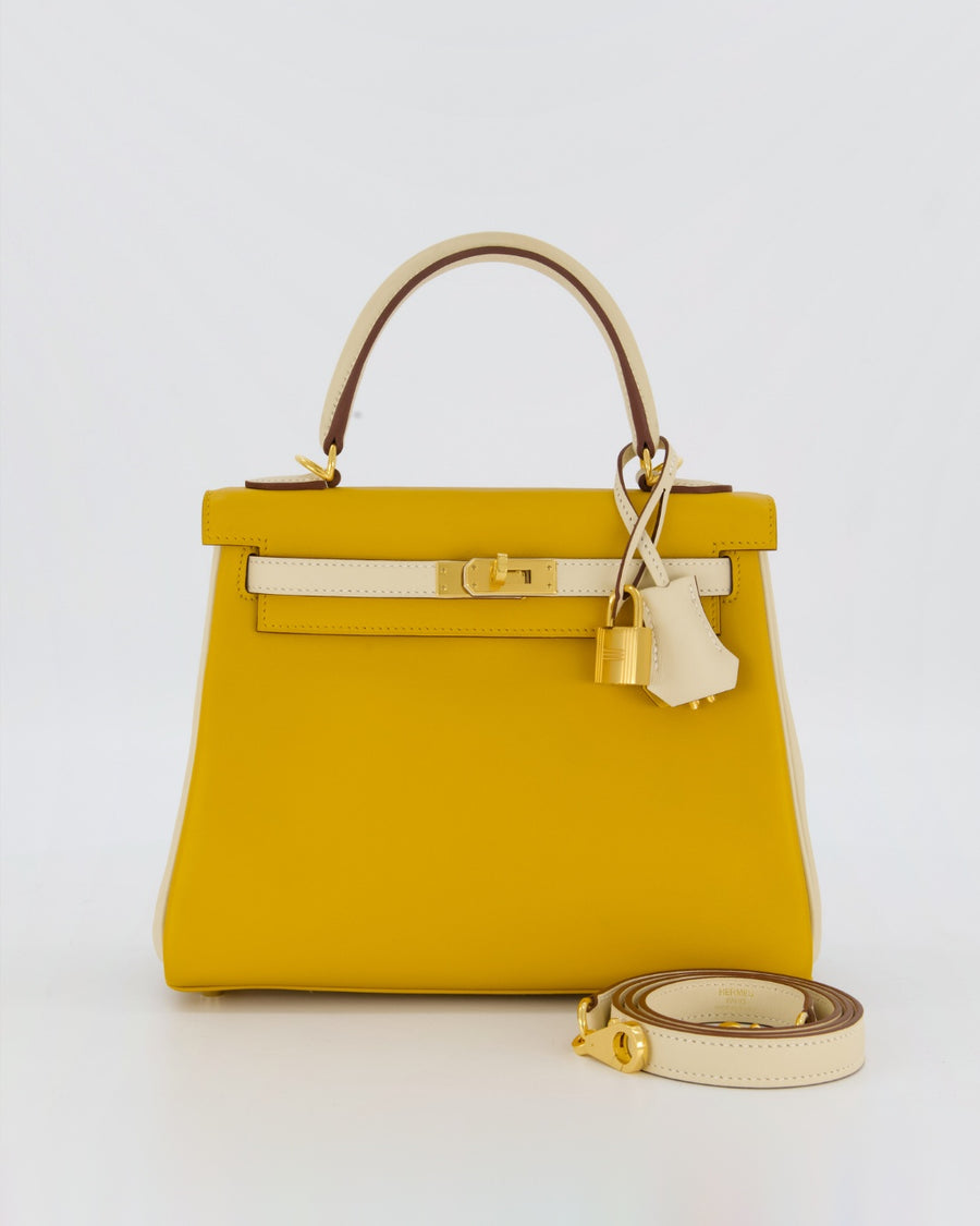 *RARE* Hermès HSS Kelly 25 Retourne Bag in Nata and Jaune Ambre Swift Leather with Gold Hardware