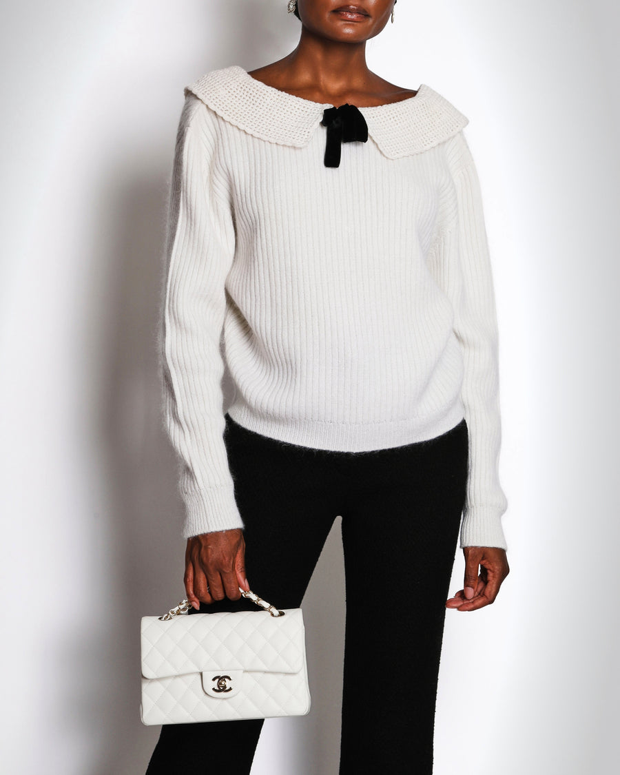 Miu Miu Cream Jumper With Crochet and Black Bow Collar Details Size IT 44 ( UK 12)
