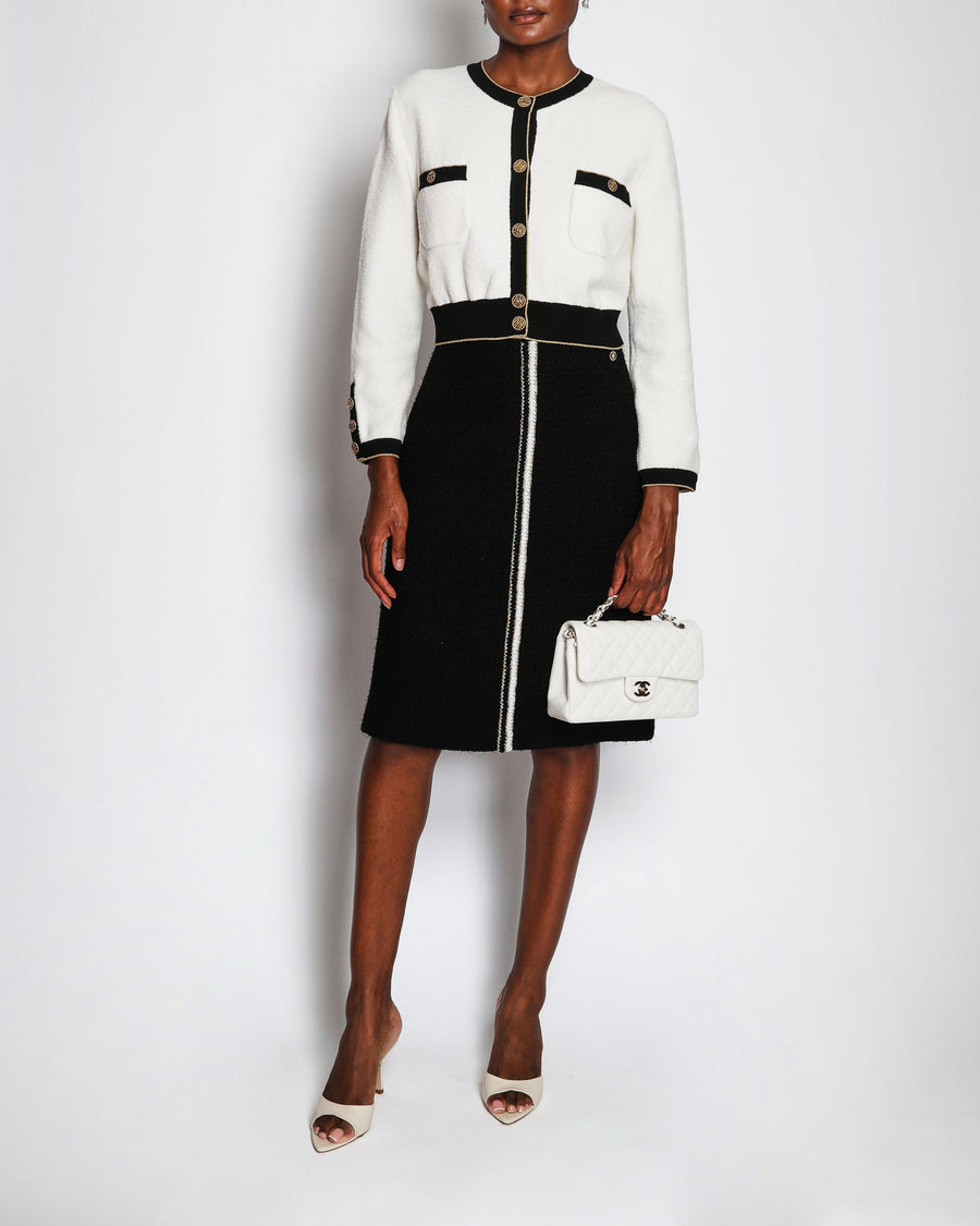 Chanel 20/A Black Tweed Midi Skirt with Knitted Stripe Detail Size FR 38 (UK 10)