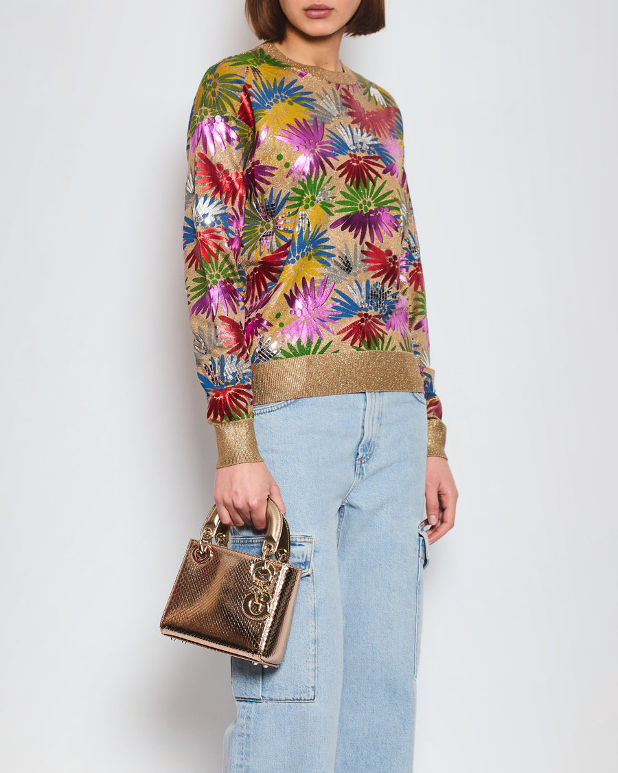 Chanel Coco Cuba Resort 2017 Multicolour and Metallic Gold Jumper with Floral Mosaic Detail Size FR 38 (UK 10)