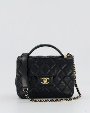 Chanel Black Crumpled Calfskin Top Handle Flap Bag with Champagne Gold Hardware
