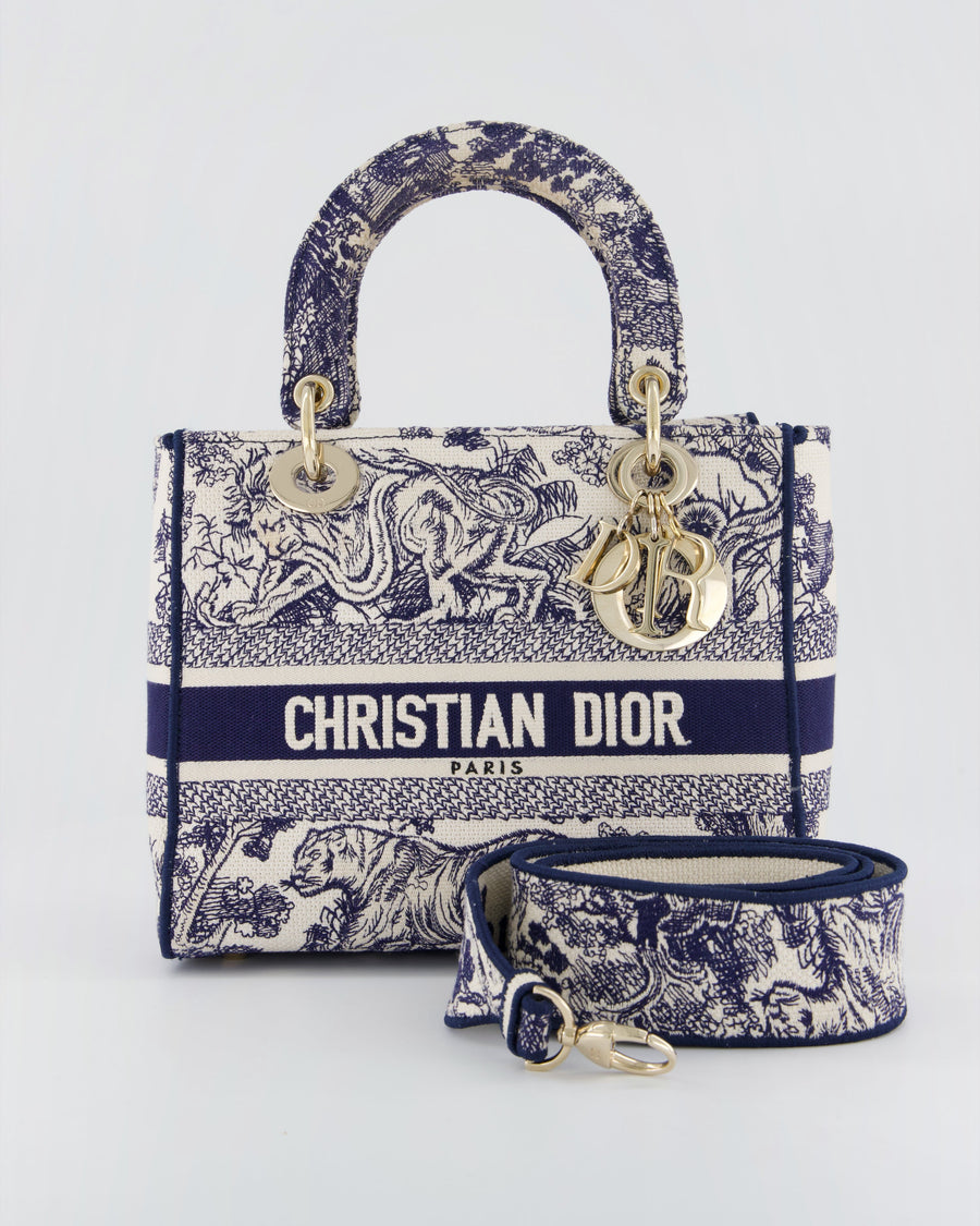 Christian Dior Medium Lady D-Lite Blue and White Toile de Jouy Bag in Canvas with Gold Hardware