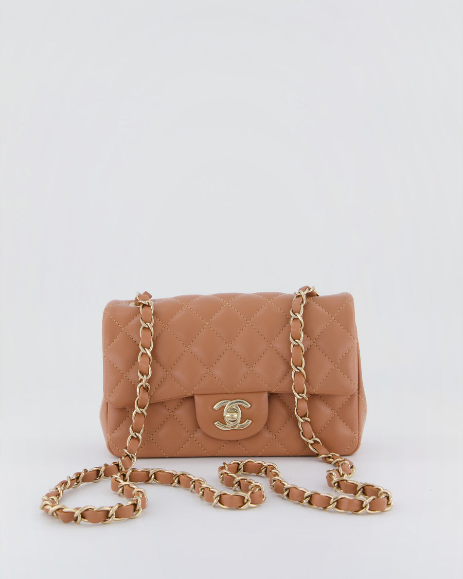 *HOT* Chanel Caramel Mini Rectangular Bag in Lambskin Leather with Champagne Gold Hardware