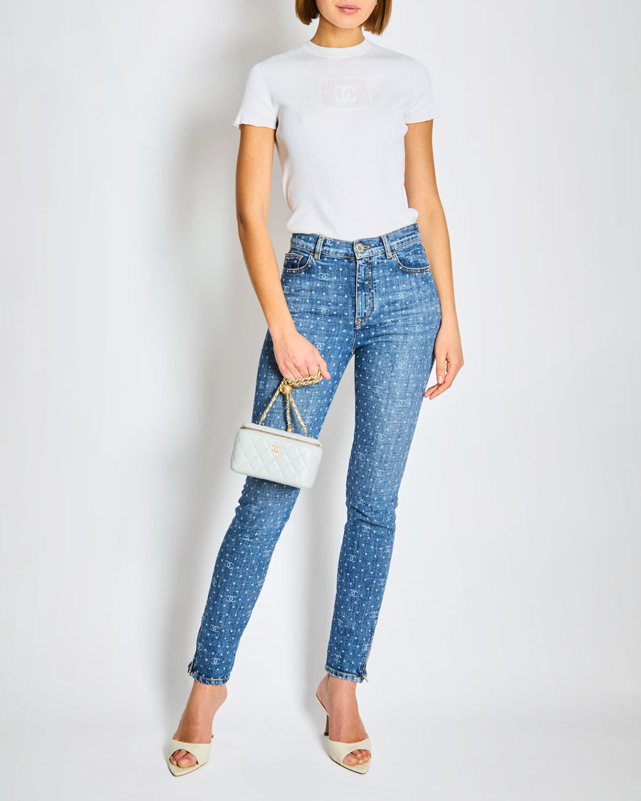 *HOT* Chanel 23/P Blue Skinny Jeans with CC Logo and Polkadot Print with Silver CC Logo Button Detail Size FR 40 (UK 12)