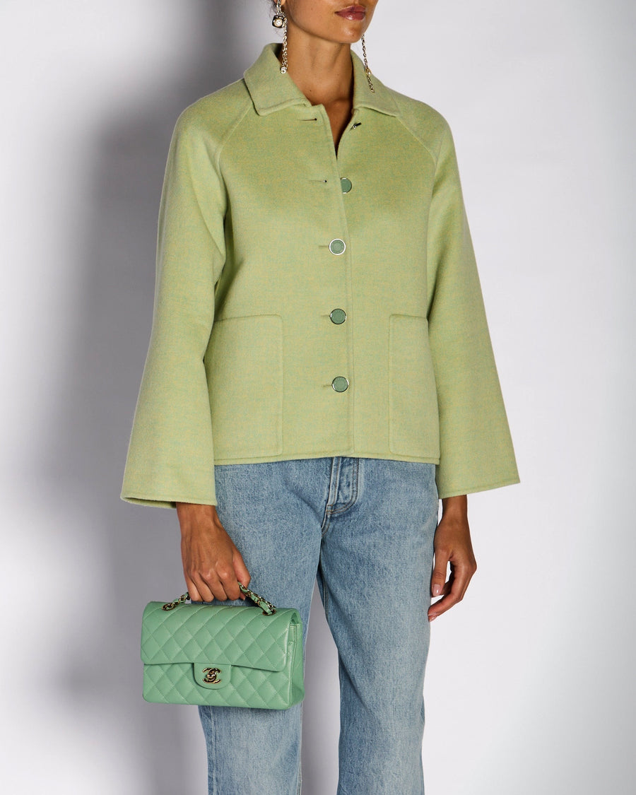 Hermès Pastel Green Single Breasted Cashmere Jacket with Logo Button Detail Size FR 34 (UK 6)