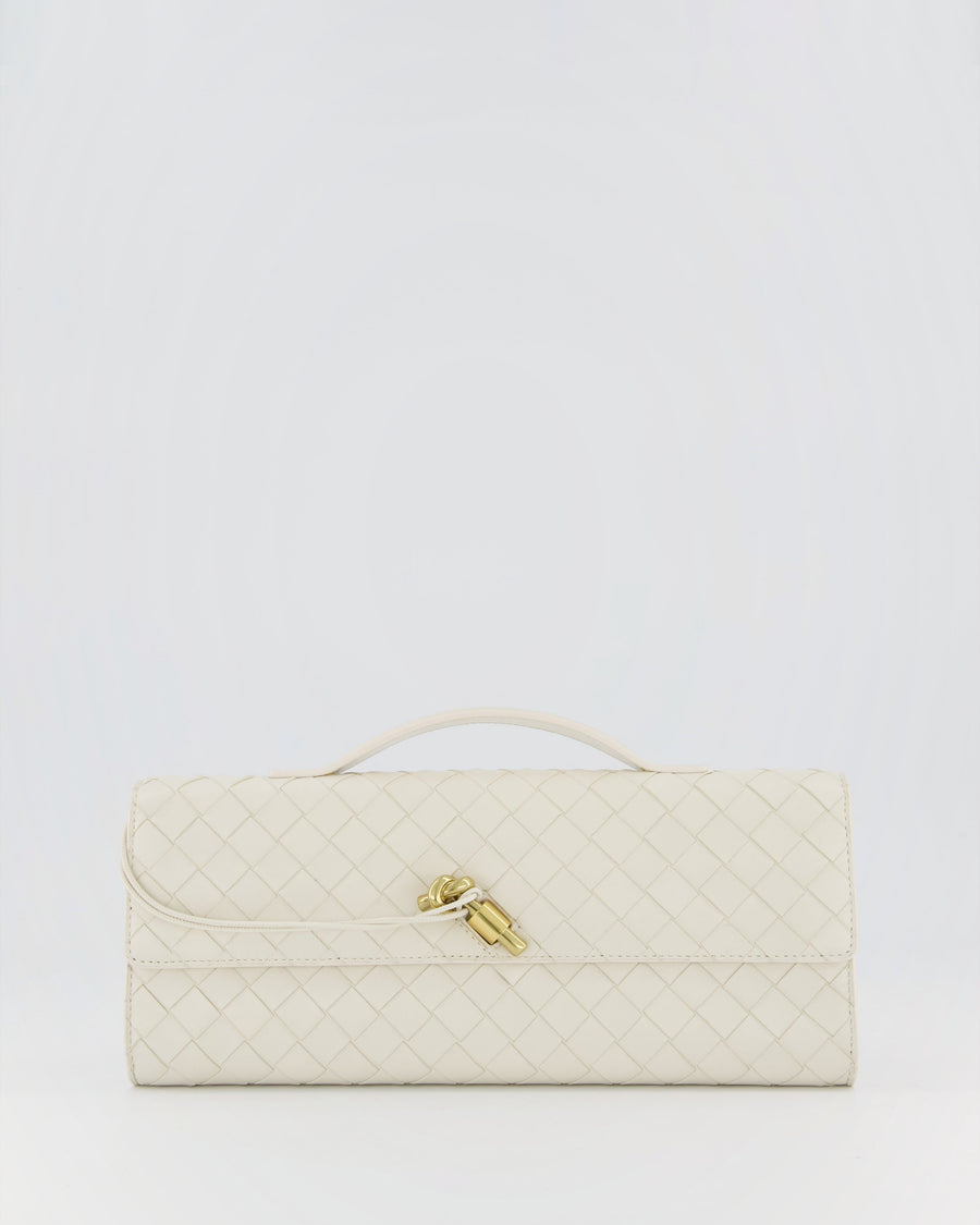 Bottega Veneta Sea Salt Andiamo Intrecciato Leather Clutch Bag with Gold Hardware RRP £2,850