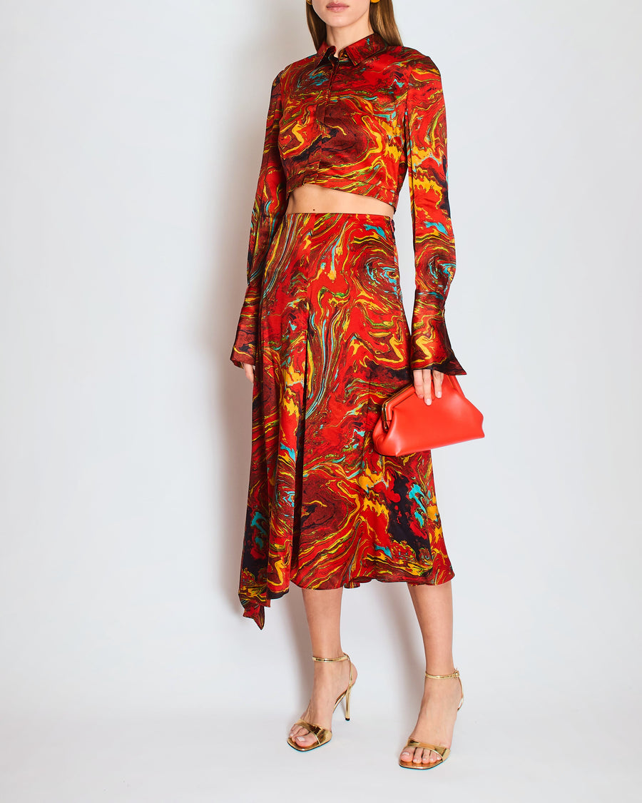 Fendi Burnt Orange Marble Print Silk Shirt and Asymmetric Midi Skirt Set with Embossed Logo Detail and Gold Logo Buttons Size IT 40 (UK 8)