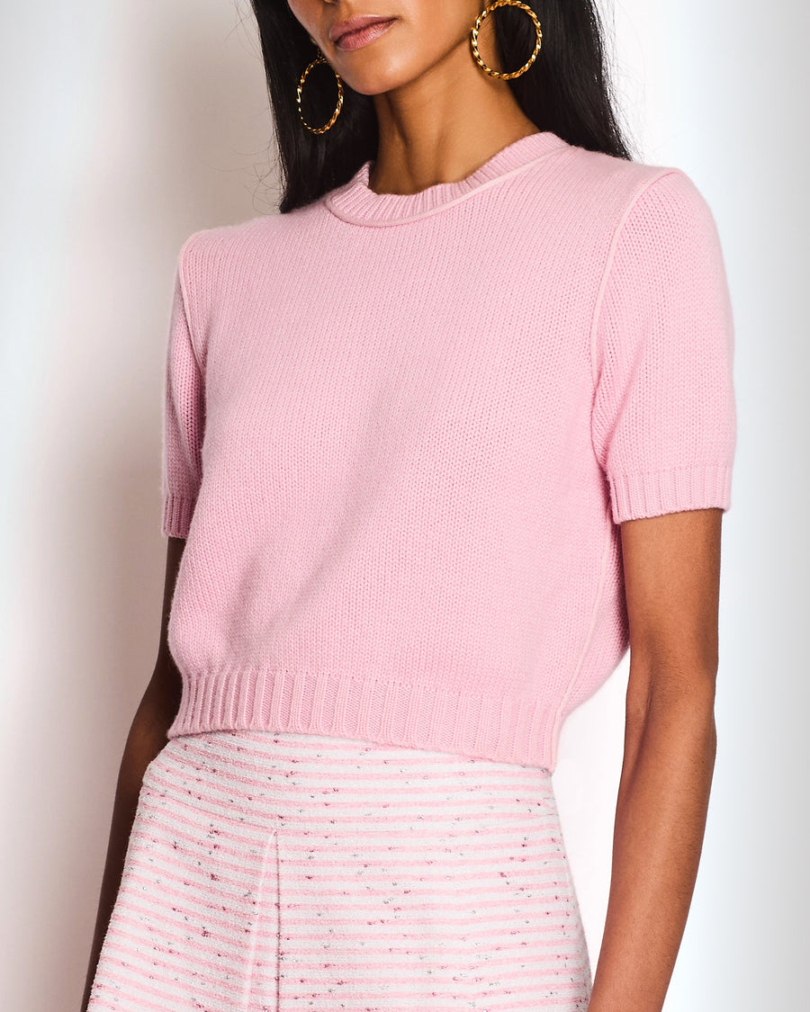 Miu Miu Pink Cashmere Knit Short-Sleeved Jumper with Crystal Button Detail Size IT 38 (UK 6)