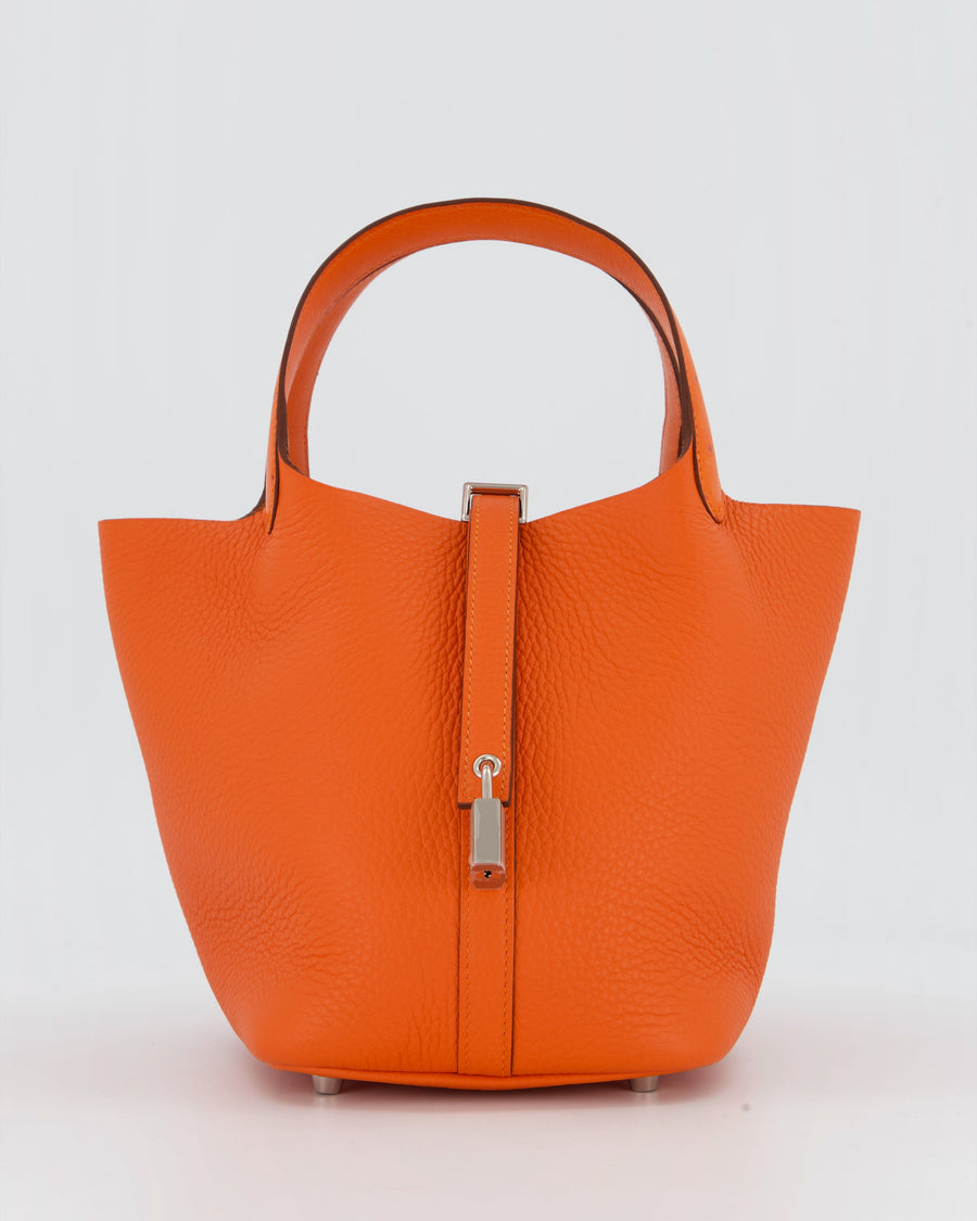 Hermès Picotin Lock Touch 18 Bag in Tangerine Taurillon Clemence and Ostrich Leather with Palladium Hardware