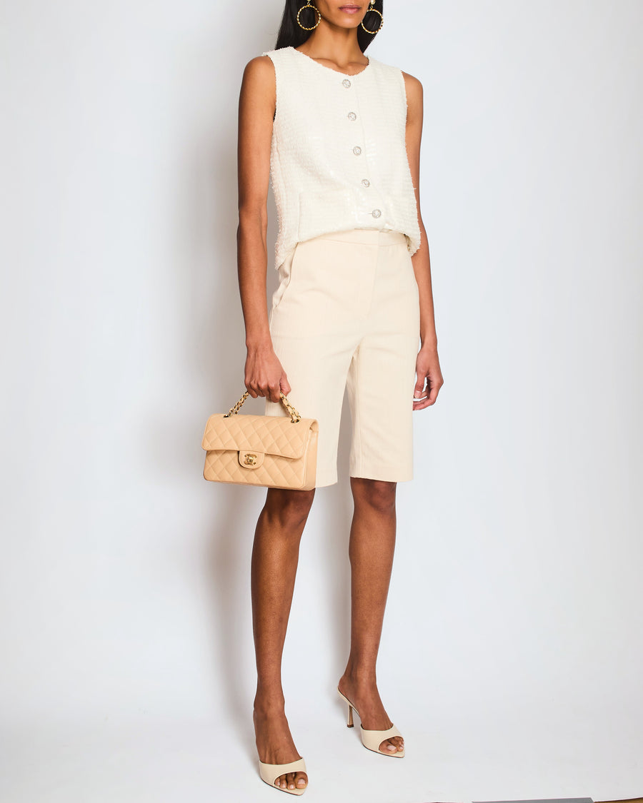 Chanel Cream Bermuda Shorts with Gold and Silver CC Logo Button Detail Size FR 36 (UK 8)