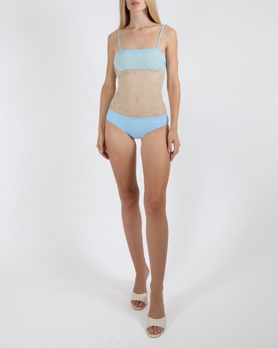 Chanel Vintage Pastel Blue One-Piece Swimsuit with Cream See-Through Lace Insert Size FR 34 (UK 6)