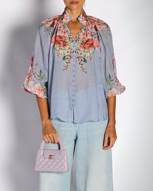 Zimmermann Blue Floral Button Down Blouse Size 1 (UK 8)