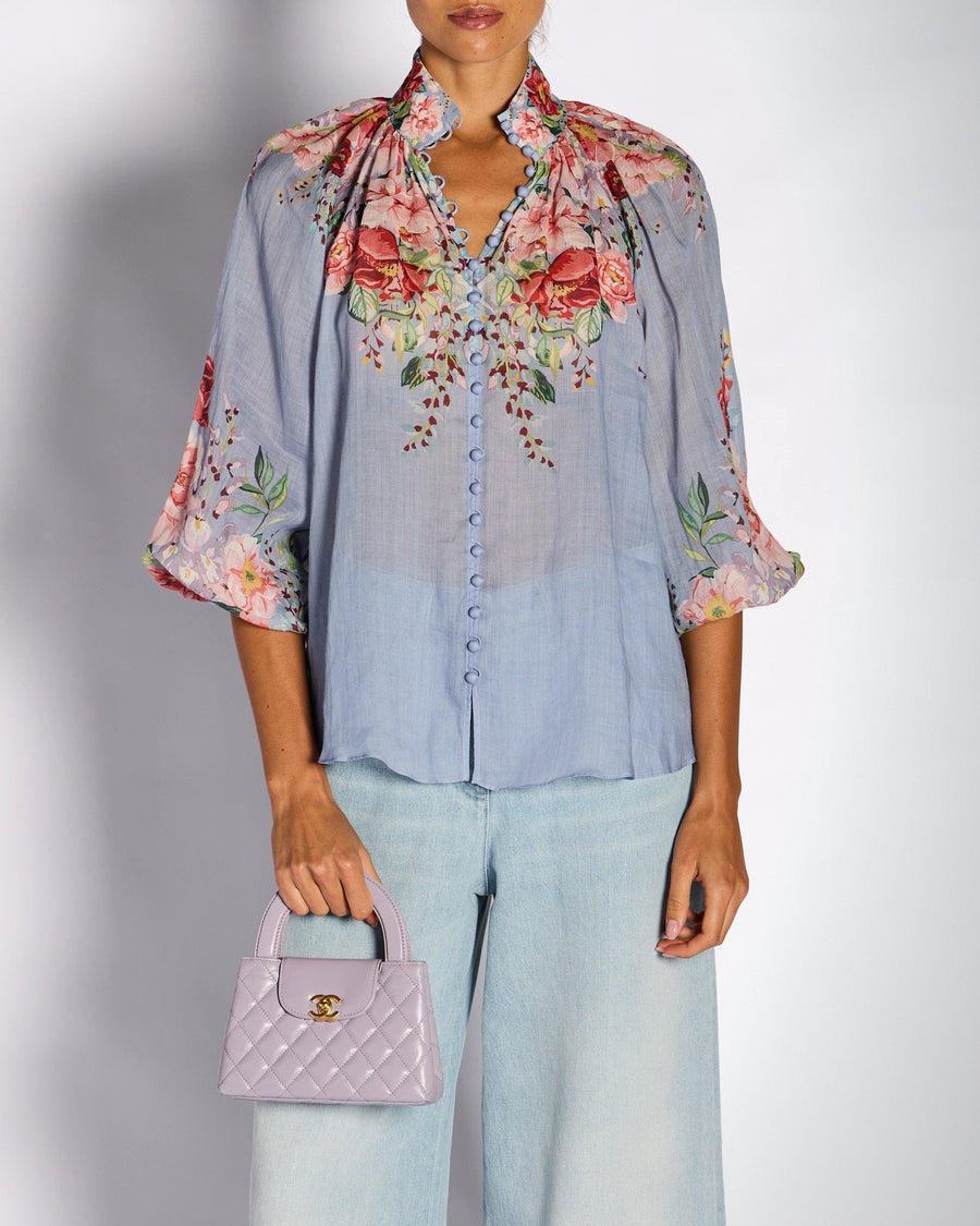 Zimmermann Blue Floral Button Down Blouse Size 1 (UK 8)