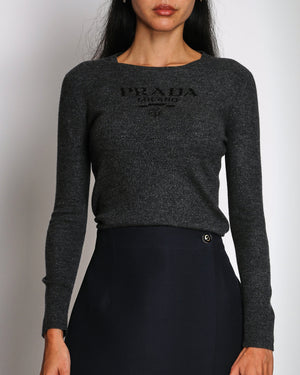 Prada Grey Wool Crew Neck Jumper With Prada Logo Size IT 42 (UK 10) RRP £1,240