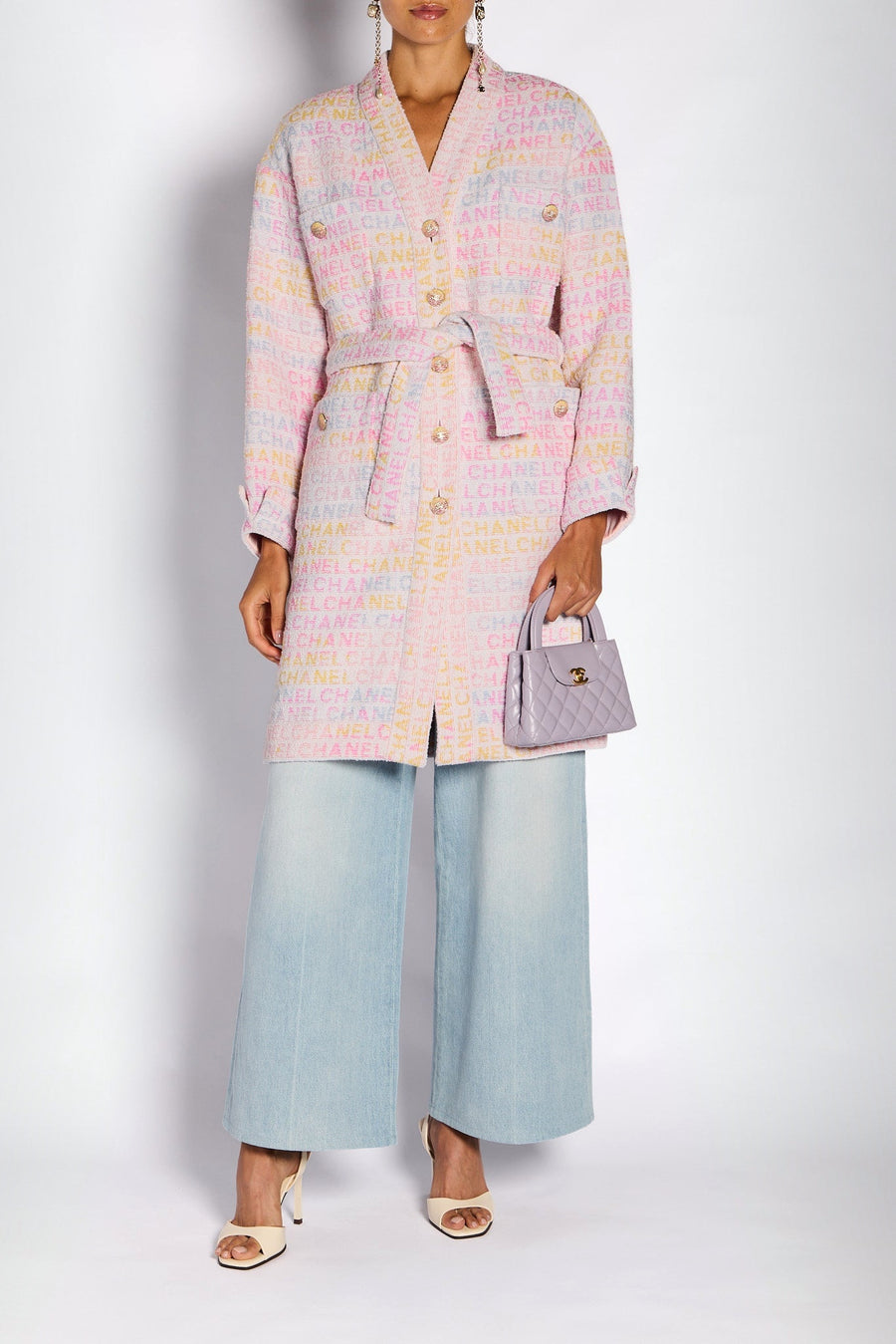 Chanel 24/C Pink Tweed Logo Bathrobe with Logo Print Detail Size FR 36 (UK 8)
