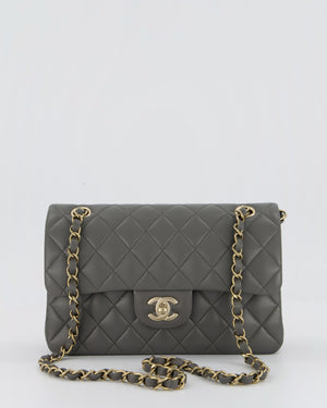 *HOT* Chanel Grey Small Classic Double Flap Bag in Lambskin Leather with Champagne Gold Hardware
