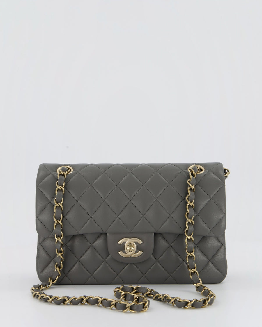 *HOT* Chanel Grey Small Classic Double Flap Bag in Lambskin Leather with Champagne Gold Hardware