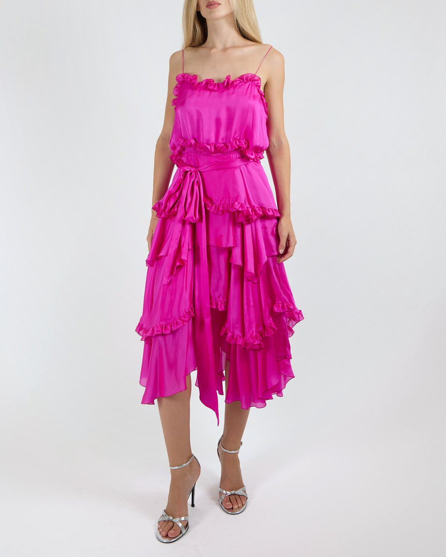 Alexandre Vauthier Fuchsia Pink Silk Layered Asymmetric Sleeveless Midi Dress with Ruffle Details and Belt Size FR 40 (UK 12) RRP £2,100